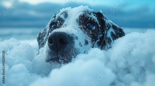   A black dog sticking its head out of a pile of foamy foam