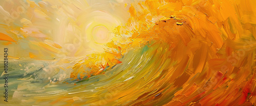 Waves of tangerine and lemon yellow crashing together, evoking the vivacity of a tropical sunrise over the ocean. photo