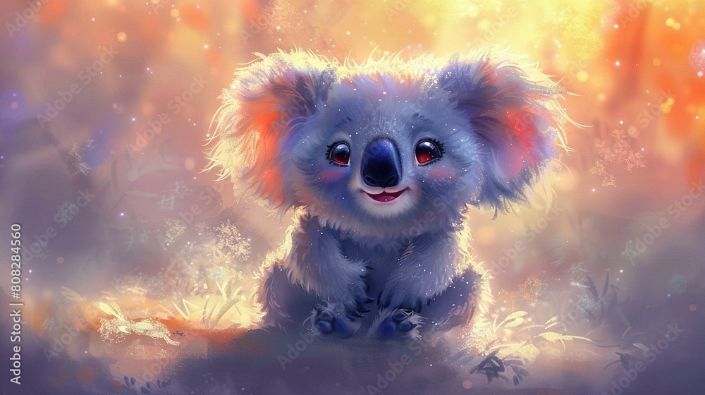   A painting of a koala with bright red eyes and a wide grin on its face, resting among tall blades of green grass