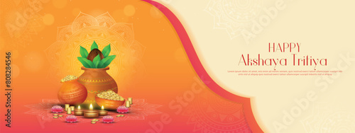 Happy Akshaya Tritiya - banner template design with gold coin in pot and decorative diya lamp.