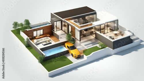 Modern house 3D model with open interiors, pool, and car. © samsul