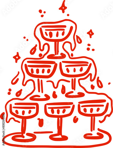Champagne tower in a whimsical hand-drawn style. Isolated illustration in red color. Alcoholic drinks. Suitable for wedding invitations, posters, banners