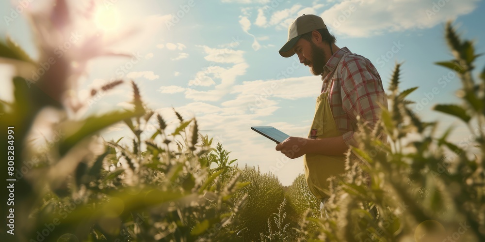 Environmental engineer holding tablet and analyzing agricultural product while standing at farm. Professional agricultural worker looking at data and checking crop by using tablet at field. AIG42.