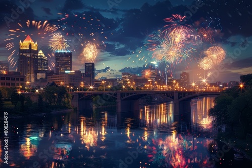  Vibrant fireworks over Minneapolis skyline and river, festive and urban themes.
