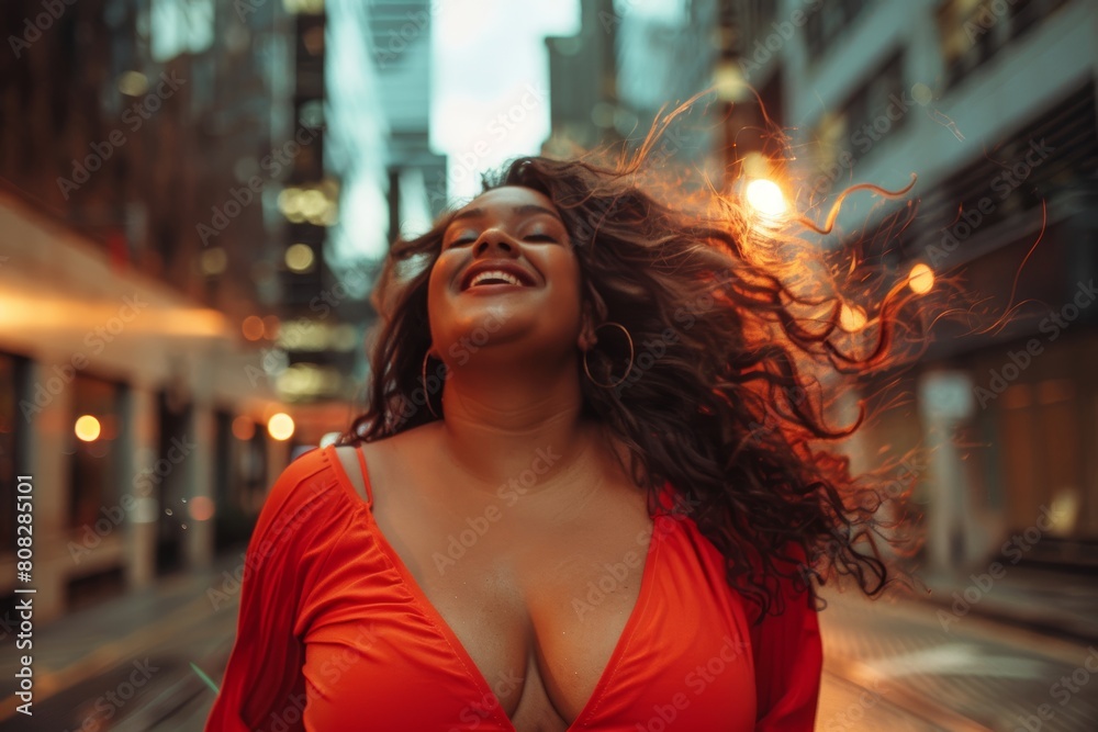 Celebrating Diversity and Confidence: A Body-Positive Model Strikes an Empowering Pose in a Colorful City Environment