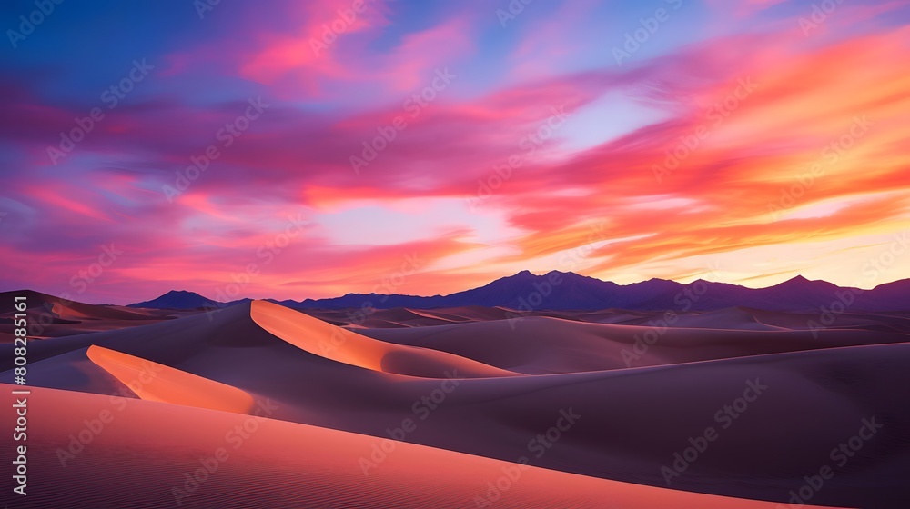Panorama of desert sand dunes at sunset, Death Valley National Park, California, USA