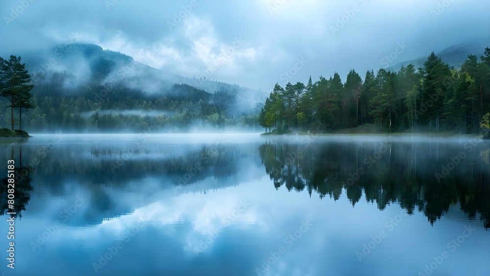 Scenic Norwegian forest lake with misty clouds reflected in calm water. Concept Nature Photography, Misty Reflections, Norwegian Landscape, Serene Lakes, Foggy Forest
