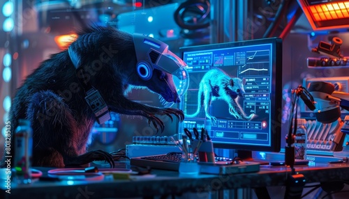 Futuristic cyber of an insectivore, depicting an anteater as a forensic scientist analyzing clues, with HUD, set in a crime lab, Sharpen banner hitech styles with copy space