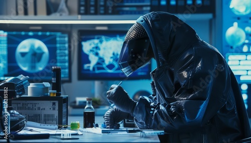 Futuristic cyber of an insectivore, depicting an anteater as a forensic scientist analyzing clues, with HUD, set in a crime lab, Sharpen banner hitech styles with copy space photo