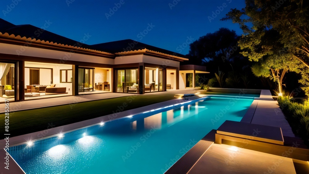 Fototapeta premium Luxurious modern house with illuminated interior and exterior, featuring a swimming pool at twilight.