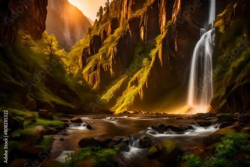 A panoramic view of a majestic waterfall flowing through a lush green canyon  its waters shimmering under the warm glow of the setting sun