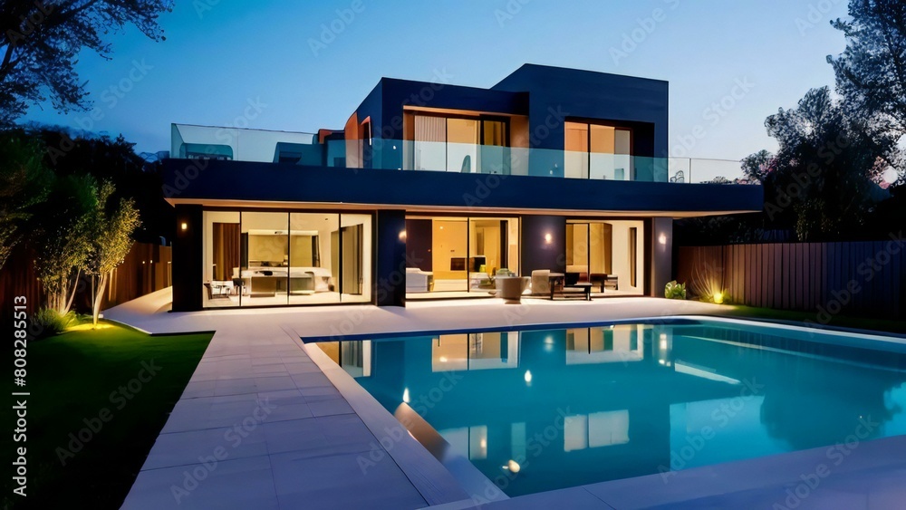 Luxurious modern house with illuminated interior, poolside at twilight. Luxurious modern house with illuminated interior, poolside at twilight.