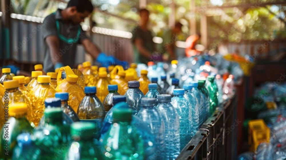 Workers sorting assorted plastic bottles at a recycling facility, emphasizing waste management. Workers sorting assorted plastic bottles at a recycling facility, emphasizing waste management.