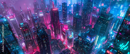 Bands of neon pink and electric blue pulsating with vibrant energy  as if capturing the rhythm of a bustling metropolis at night.
