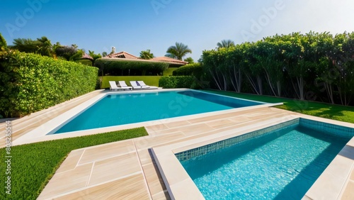 Luxury backyard with a rectangular swimming pool and sun loungers on a sunny day.