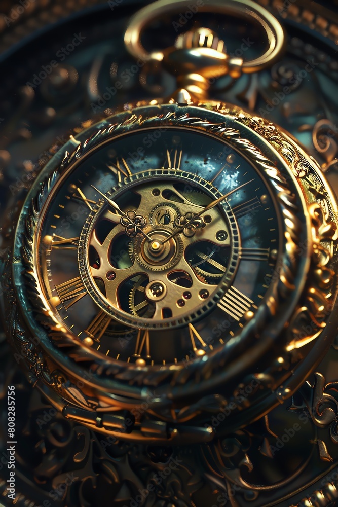 An intricately detailed steampunk pocket watch with a beautiful golden glow An intricately detailed steampunk pocket watch with a beautiful golden glow