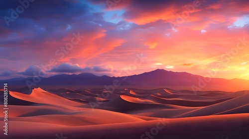 Desert landscape panorama with sand dunes and mountains at sunset