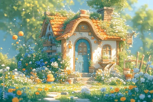 cute cottage in the garden, surrounded by flowers and plants © Photo And Art Panda