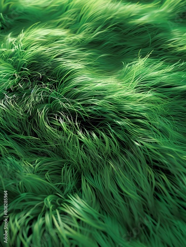 Generate an image of a lush green grassy field, with the grass blowing gently in the wind
