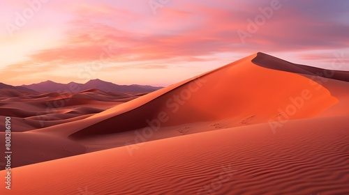 Desert panorama with sand dunes at sunset. 3d rendering