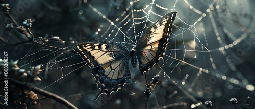 A beautiful butterfly is caught in a spider's web. The butterfly is struggling to escape, but the web is too strong. The spider is waiting patiently for its prey. photo