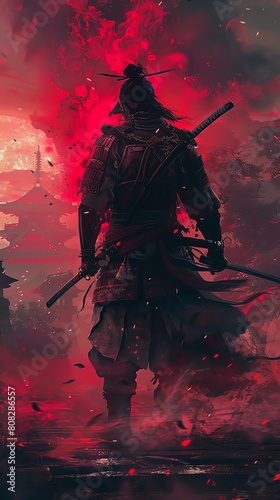 A lone samurai stands in the middle of a battlefield