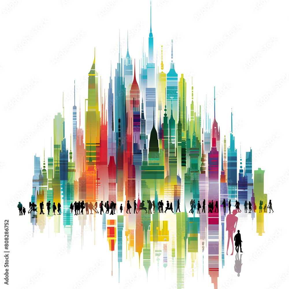 People integrated into abstract cityscapes isolated on white background, pop-art, png
