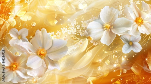 wallpaper of golden floral background with white flowers, orange and yellow light effect © Fatema
