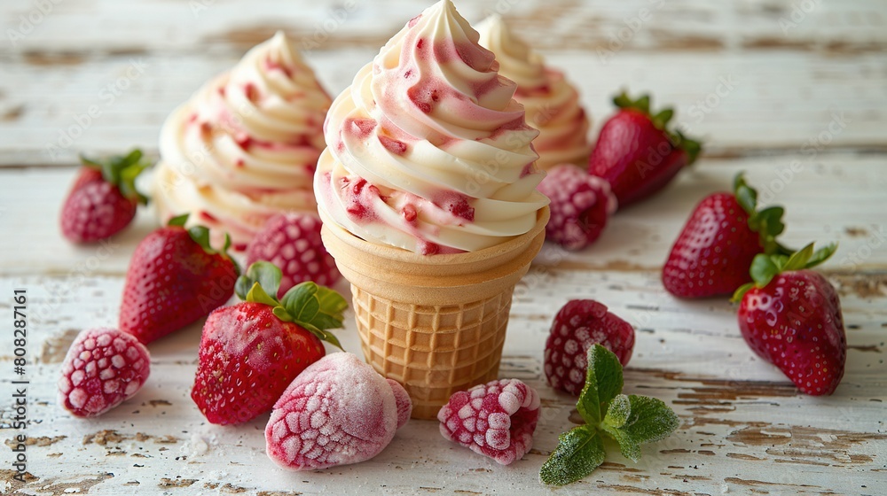   A pair of ice cream cones rests atop a wooden table alongside strawberries and raspberries