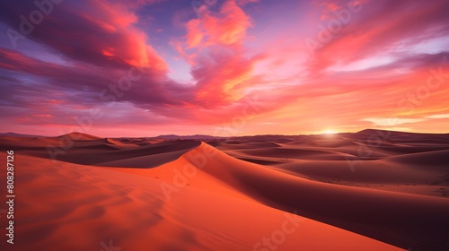 Panorama of sand dunes in the desert at sunset. Beautiful natural landscape.