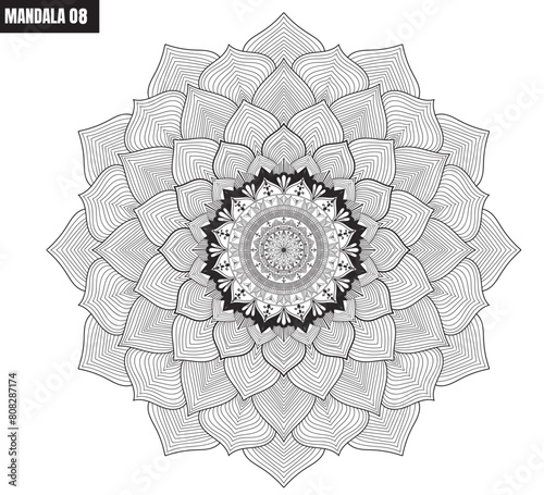 Round mandala on dreamy peach fuzz gradient background. Translucent mesh pattern in the form of a mandala. Mandala with floral patterns. Pastel Yoga template. Print