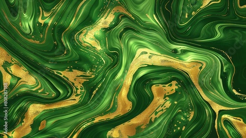  A close-up of a green and gold marbled surface with a wavy design in the center of the image
