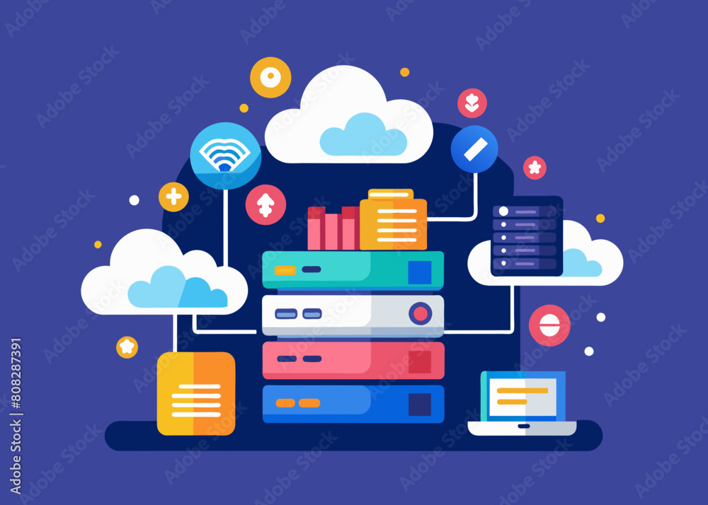 Data Stack With Cloud, Cloud system storage file download database protection concept,flat illustration
