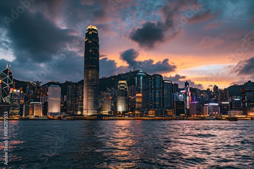 The iconic skyline of Hong Kong at dusk, Overcast Sunset Skyline of Hong Kong, Ai generated