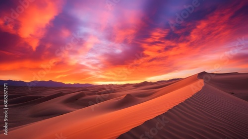 Panoramic view of the sand dunes in the Sahara desert at sunset