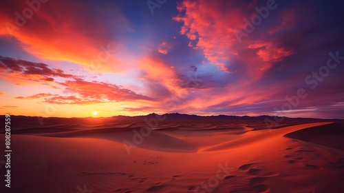 Beautiful panoramic view of sand dunes in the Sahara desert at sunset
