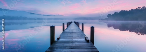 A long wooden pier extends into the calm blue lake at dawn photo