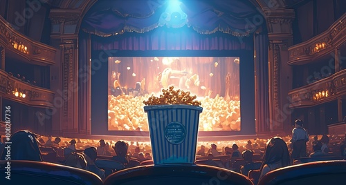 A box of popcorn sits on the seat in front, as people sit and watch a movie at a cinema theater.  photo