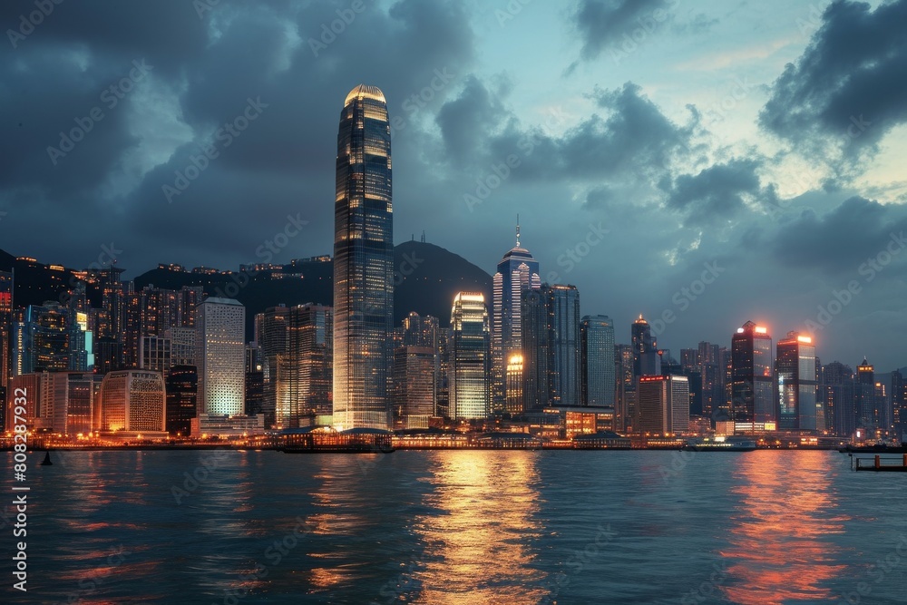 The iconic skyline of Hong Kong at dusk, Overcast Sunset Skyline of Hong Kong, Ai generated