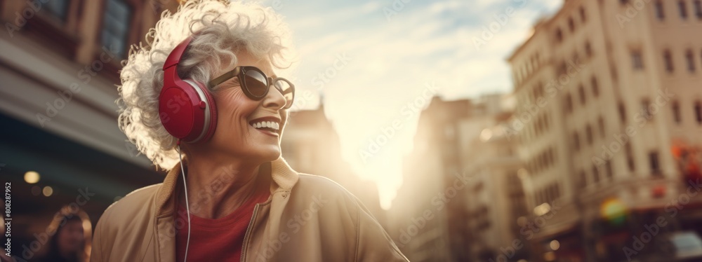 Obraz premium An elderly Caucasian woman joyfully listens to music using red headphones while walking through a sunlit urban street, her expression one of happiness and relaxation.