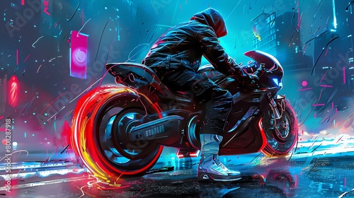 A lone rider speeds through a neon-lit city on a futuristic motorcycle