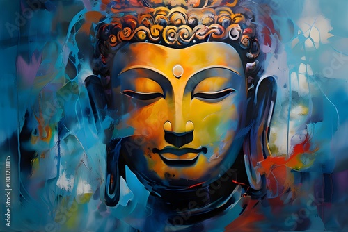 AI generated illustration of an abstract painting where the ancient visage of Buddha photo