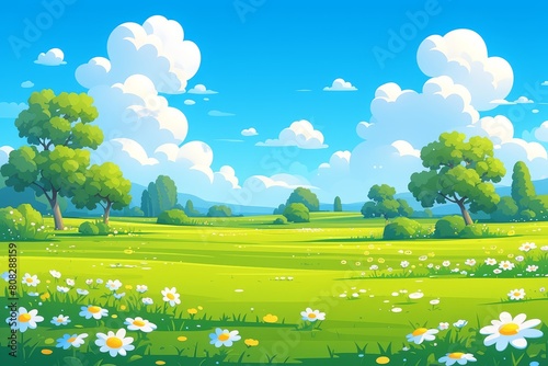 A cartoon illustration of an idyllic green meadow with trees and flowers, blue sky background