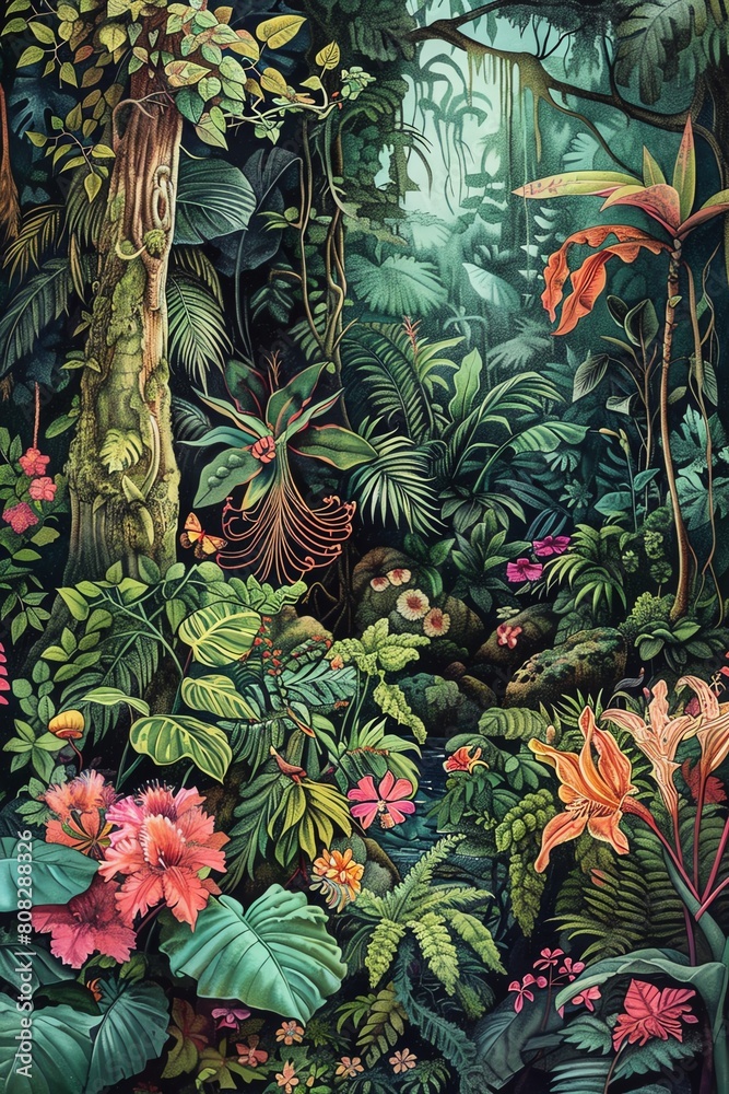 Fototapeta premium A lush tropical rainforest with a variety of plants and flowers