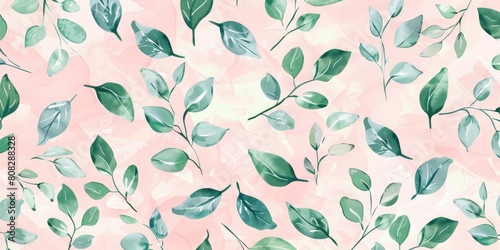 A seamless pattern with pastel green leaves  pink background  playful and whimsical design  cute pattern.