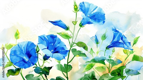  Blue flowers and green leaves painted on a white canvas with a blue sky in the distance