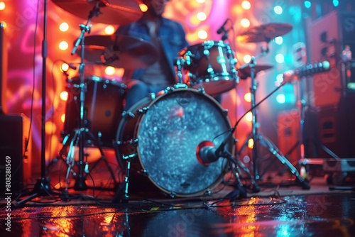 A close-up view of a drum set on a live music concert stage, vividly lit by colorful stage lights, capturing the dynamic energy of a performance photo