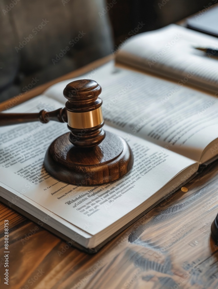 A wooden gavel and documents on a wooden table