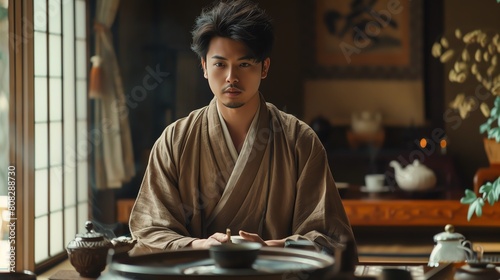 A young man in a kimono is sitting at a table. He has a serious expression on his face. There is a teacup on the table. photo