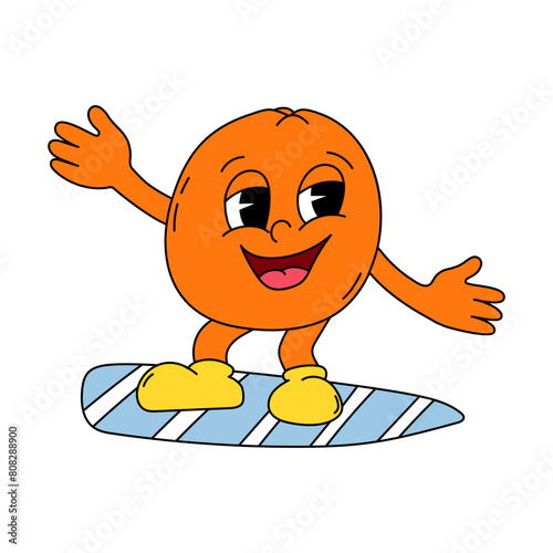 Orange in the surf in flat style. Groovy orange character.